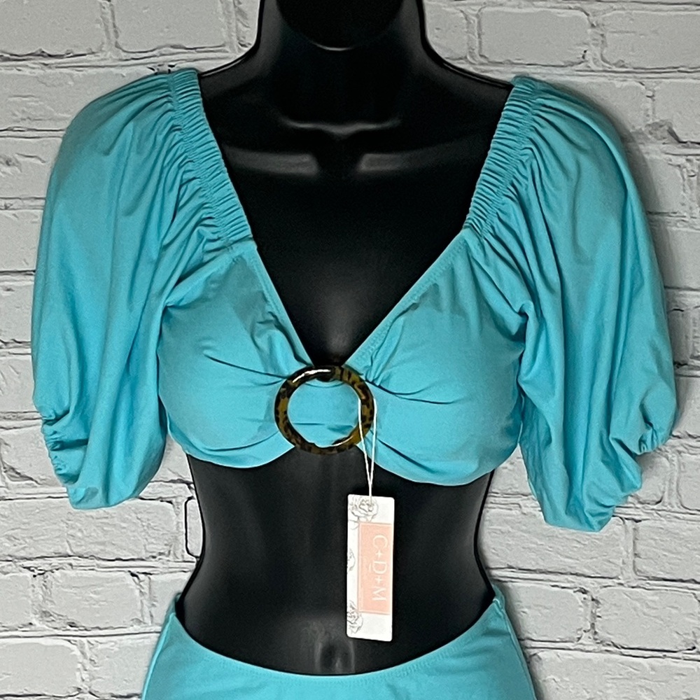 Cider Turquoise Puff Sleeve Bikini Top with Ring Detail